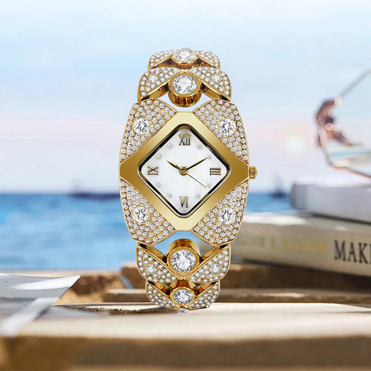 Dames retro quartzhorloge met fonkelende strass steentjes