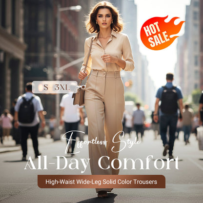 Effenkleurige damesbroek met hoge taille en wijde pijpen