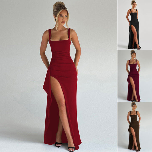 Mouwloze bodycon jurk met vierkante halslijn en hoge split aan de zijkant.