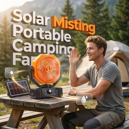 🌞 Draagbare campingventilator op zonne-energie met vernevelingsfunctie – Koel af waar je maar wilt, ook zonder stroom! ⛺💨 Koele nevel + brede zwenking + afstandsbediening – jouw ultieme comfortpartner voor buiten. 🔋🌀