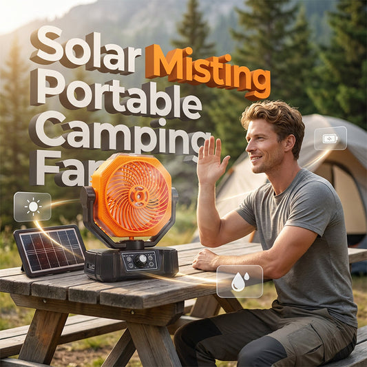 🌞 Draagbare campingventilator op zonne-energie met vernevelingsfunctie – Koel af waar je maar wilt, ook zonder stroom! ⛺💨 Koele nevel + brede zwenking + afstandsbediening – jouw ultieme comfortpartner voor buiten. 🔋🌀